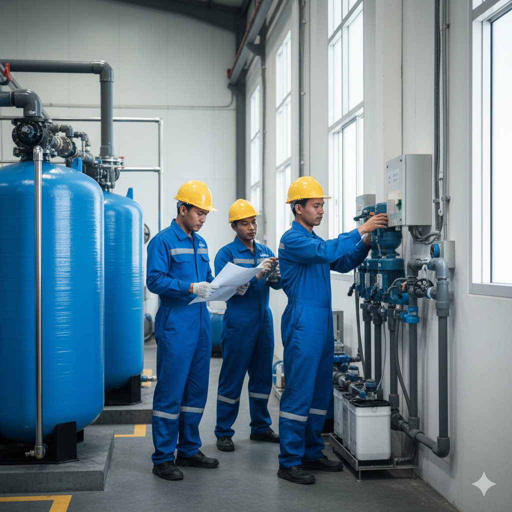 Installation of water softeners and chemical dosing pumps for industrial boiler water treatment in Malaysia